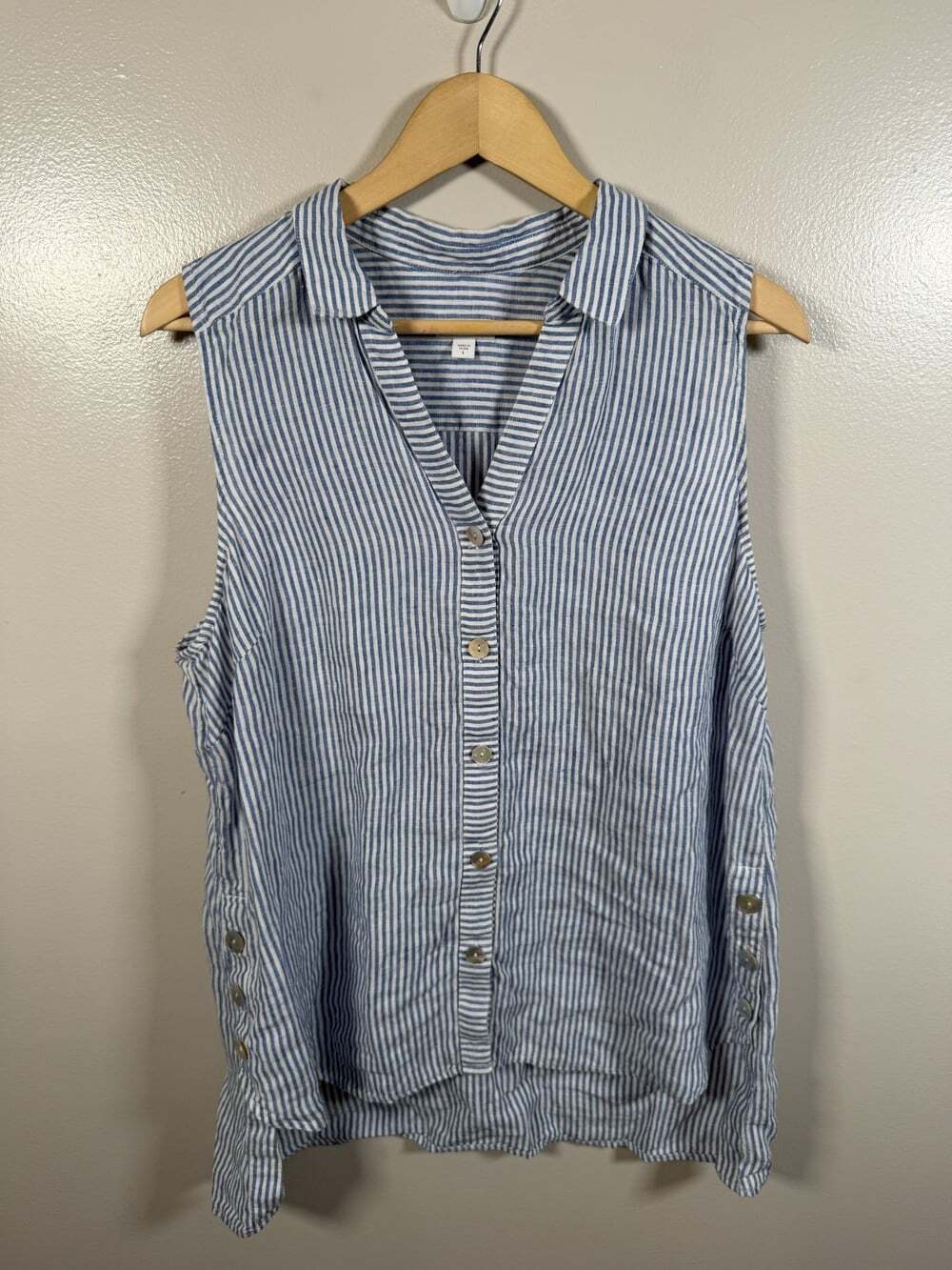 J.Jill Love Linen Sleeveless Tunic Top Size Large Blue Stripes Coastal Lagenlook